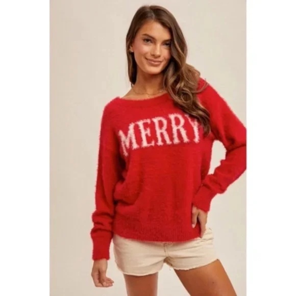 Red Merry Soft Fuzzy Eyelash Christmas Holiday Knit Pullover Sweater - Picture 2 of 7
